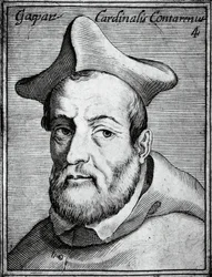 Portret Gasparo Contariniego (1483-1542), włoskiego kardynała i biskupa, rycina z Illustrissimorum, omnique virtutis, et scientiarum laude praestantissimoru virorum icones, autorstwa Claudiusa Pernetusa.