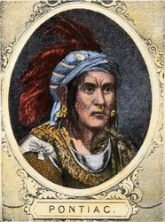 Portret Pontiaca (lub Obwandiyaga, ca. 1714-1769), wodza plemienia indiańskiego Indian Outaouais z Detroit (naród Ottawa). Kolorowy miedzioryt z XIX wieku.