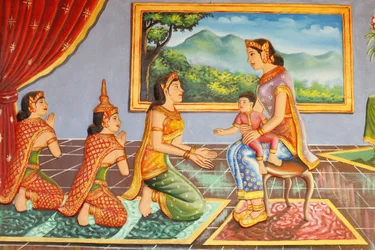 Klasztor Preah Prom RathŻycie matki Buddy przedstawiającej go jego opiekunowi, Siem Reap, Kambodża