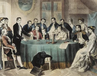 Prezentacja eksperymentów nad baterią elektryczną Pierwszemu Konsulowi Napoleonowi Bonaparte przez Voltę w 1801 r. (rycina)