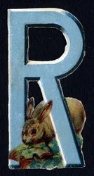 R jak Królik. Beetle decoupis na temat zwierząt. Rytownictwo. Seria 26 chromolitografii waflowych pochodzenia angielskiego. Nieznany redaktor i ilustrator. Koniec XIX wieku. Wymiary: 5,5x3,5cm