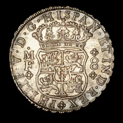 Rzadka srebrna moneta, hiszpański król Ferdynand VI, 8 reali, ukoronowana tarcza z hiszpańską bronią 1740 (foto)