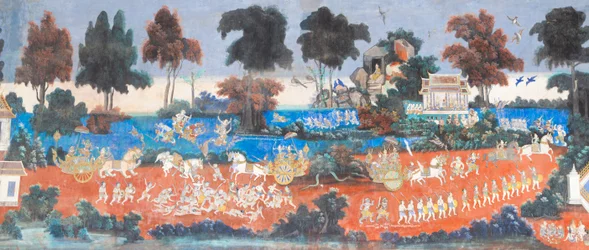 Freski Reamkera zdobiące ściany kompleksu pałacu królewskiego w Phnom Penh w Kambodży (zdjęcie)
