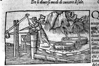 Produkcja soli: gotowanie. Grawer Olausa Magnusa (1490 - 1557), szwedzkiego zakonnika i geografa, "Historia Narodu Północnego", Wenecja