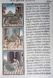 Zestaw ozdób i piór cesarskich nakrycia głowy, strona z Kodeksu Florenckiego, wersja dwujęzyczna w języku hiszpańskim i nahuatl, Historia ogólna rzeczy Nowej Hiszpanii, autorstwa hiszpańskiego misjonarza Fray Bernardino de Sahagun. Cywilizacja Azteków