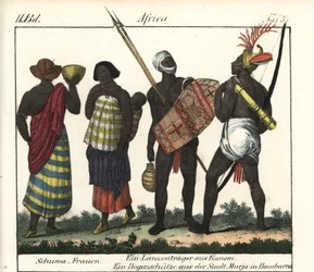 Kobiety Shoua z dzieckiem, włócznią i łucznikiem z Imperium Kanem (Czad i Libia). Litografia do książki: "Galerie complete en tableaux fideles des peuples d