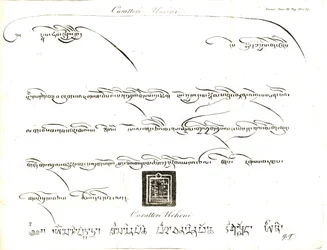 Przykłady znaków Uminn i Uchen w języku Tybetu. Ilustracja porucznika Samuela Davisa z relacji kapitana Samuela Turnera (1759-1802) z ambasady na dworze lamy Teshoo w Tybecie w 1800 roku. Miedzioryt wykonany przez dell
