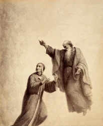 Święty Bernard wskazuje Dantemu różę błogosławionych, w której siedzi Beatrycze. Ilustracja do Canto XXXI w Paradiso z Boskiej komedii Dantego Alighieri. Dzieło Francesco Scaramuzzy dedykowane władzom miejskim Florencji.