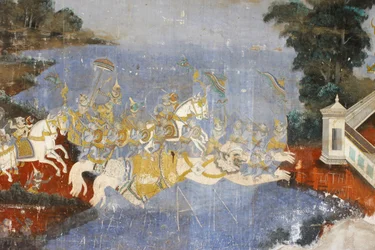 Pagoda Sylvera Ten mural przedstawia sceny z Reamkera, który jest kambodżańską lub khmerską wersją klasycznego hinduskiego poematu Ramajana, Phnom Penh, Kambodża