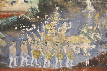 Pagoda Sylvera Ten mural przedstawia sceny z Reamkera, który jest kambodżańską lub khmerską wersją klasycznego hinduskiego poematu Ramajana, Phnom Penh, Kambodża