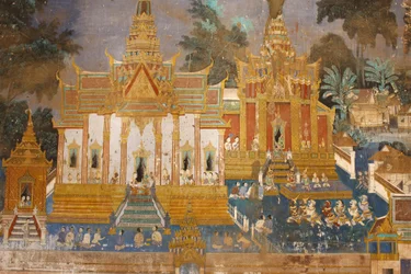 Pagoda Sylvera Ten mural przedstawia sceny z Reamkera, który jest kambodżańską lub khmerską wersją klasycznego hinduskiego poematu Ramajana, Phnom Penh, Kambodża