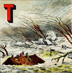 T: Torrent. Jest to bardzo szybki strumień wody wytwarzany przez strome zbocze terenu - Rycina wydobyta z Alfabetu Geograficznego. Guerin-Muller et Cie, wydawnictwo, Paryż