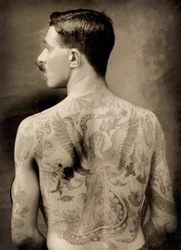 Wytatuowany brytyjski marynarz podczas wielkiej wojny 1914-18, widok od tyłu
