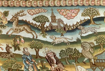 Dywan Bradford Table Carpet, fragment psów goniących jelenia, haftowany na płótno kolorowym jedwabiem, angielski, koniec XVI w.
