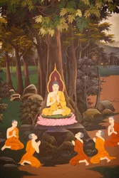 Budda wygłosił swoje pierwsze kazanie do pięciu mnichów, fresk ścienny, świątynia Wat Botum, Phnom Penh, 2022 (zdjęcie)