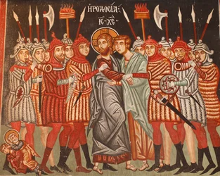 Bizantyjski fresk z XV wieku Zdrada Judy i aresztowanie kościoła Jezusa Michała Archanioła w Pedoulas na Cyprze Malowane kościoły UNESCO Troodos, Cypr