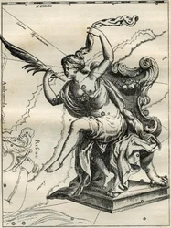 Kasjopee z Atlasu Heweliusza (1690): Kasjopee, żona etiopskiego króla Cephee, siedząca na fotelu ozdobionym palmami. Grawer z „Gwiazdy i inne ciekawostki nieba” Camille Flammarion