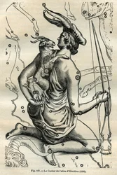 Kareta Atlasu Heweliusza (1690): Konstelacja Karety, która trzyma w prawej ręce bicz i renes, a na lewym ramieniu Chevre i dwa chevrale, jest jedną z najstarszych w sferze greckiej. Grawer z „Les ét .” Camille Flammarion