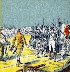 Sto dni: Klęska Napoleona I Bonaparte pod Waterloo w 1815 r. Grawer w „Histoire de France”. Seria obrazów reklamowych wydana na zlecenie Louit, 24 rue d