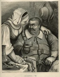 Mały Pouket: wilkołak i jego żona po skończonym posiłku. Grawer Gustave Dore (1832-1883) z „”Les contes”” Charlesa Perraulta (1628-1703)