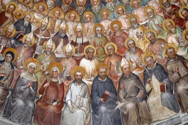 Baptysterium w Padwie. Freski sufitowe z XIV wieku autorstwa Giusto de Menabuoi. Raj. Błogosławienie Chrystusa patriarchami, prorokami i świętymi. Szczegół. Padwa. Włochy. (zdjęcie)