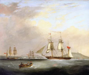 "Sheldrake", statek pocztowy, u wybrzeży Falmouth w Anglii, ważnego centrum żeglugi na zachód, otacza łodzie "Eclipse" i "Sandwich".
