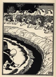 Baron broni się przed atakiem lwów podpalając proch strzelniczy. Ilustracja Williama Stranga (1859-1921) i JB Clarka z „Przygód barona z Munchausen (Munchhausen)” Rudolfa Ericha Raspe (1736-1794) (1789)
