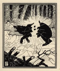 Baron wysadza czarnego niedźwiedzia dwoma krzesiwami. Ilustracja Williama Stranga (1859-1921) i J. B. Clarka z „Przygód barona Munchausena (Munchhausen)” Rudolfa Ericha Raspego (1736-1794) (1789)