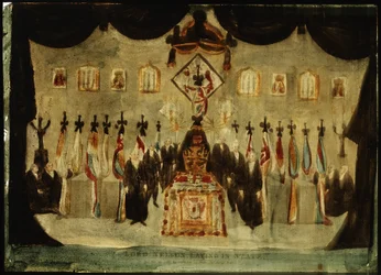 Ciało Horatio Nelsona (1758-1805) spoczywa w Painted Hall dawnego Royal Naval College w Greenwich podczas pogrzebu trzeciego dnia; czarne płótno pokrywające trumnę zostaje usunięte, a ubrani na czarno strażnicy stoją po obu stronach