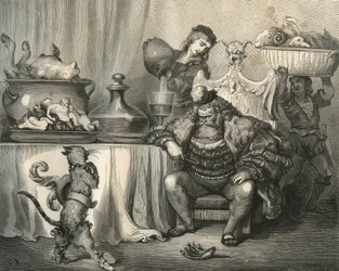 Kot buta spotyka Ogra. Grawer Gustave Dore (1832-1883) z „”Les contes”” Charlesa Perraulta (1628-1703)
