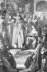 Koronacja Rudolfa I Habsburga (1218-1291) na króla rzymskiego 24 października 1273 roku w katedrze w Akwizgranie, Niemcy (Rudolf I Niemiecki koronowany w katedrze w Akwizgranie 24 października 1273 roku). Rycina z „Bilder-Gallerie zur allgem“ Rottecka