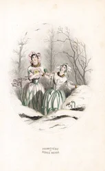 Opłaty przebijające śnieg i primevere w zaśnieżonym krajobrazie - Eau forte autorstwa Charlesa Geoffroya (1819-1882), na podstawie ilustracji Jeana Ignace