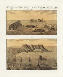 Pływające baterie armii brytyjskiej w Gibraltarze w 1782 roku. Barka z 210 działami na dwóch poziomach i inna jednopoziomowa barka zaprojektowana przez francuskiego inżyniera Arcona do bombardowania miasta. Pływające baterie brytyjskiej marynarki wojennej 
