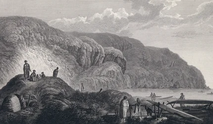 Mieszkańcy Oonalashka (lub Unalaska, Alaska, Stany Zjednoczone) i ich domy. Rycina z końca XVIII wieku, według Johna Webbera (1751-1793).