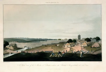 Île de France (Mauritius), zachodni widok na młyn w Pondre, gdzie 30 listopada 1810 r. stacjonowały wojska brytyjskie. Akwaforta w kolorach