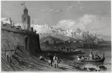 Malowniczy port ufortyfikowanego miasta Tanger w XIX wieku, w książce Louisa Enaulta (1824-1900), francuskiego dziennikarza i podróżnika, o Morzu Śródziemnym. Louis Enault, LA MEDITERRANEE SES ILES ET SES BORDS, Morizot