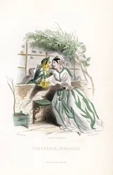 Żonkil bulwiasty i elf zalecają się do siebie na ławce ogrodowej przy murze - Eau forte autorstwa Charlesa Geoffroya (1819-1882), na podstawie ilustracji Jeana Ignace