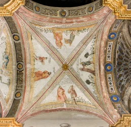 Transept południowo-trzecie zachodnie przęsło, Izaak prosi Exhaù o przyniesienie mu zwierzyny, Rebecca ubiera Jakuba w ubrania z Exhaù, Jacob mylony z Exhaù daje jedzenie Izaakowi, Esaac wraca z dziczyzną, Katedra Santa Maria Assunta, Duomo, Cremona, Lomba