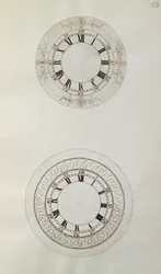 Dwa projekty dużych emaliowanych tarcz zegarków, z mechanicznych notatek i rysunków opracowanych przez Johna Harrisona (1693-1776) i jego syna Williama (ok. 1726-72) (pióro i atrament na papierze)