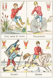 U V X Y Z; U: Jeden, dwa i trzy; V: Welocyped; X: sherry; Z: Zephyr - Gry Alfabet, c.1890 (grawerowanie)