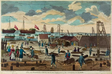 Widok w pobliżu Woolwich, Kent, Anglia, przedstawiający użycie sił do budowy pontonów (rozbrojonych statków używanych jako pływające więzienia).