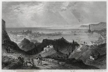 Widok na miasto i port Genes, cytaty eclatante, marmurowe miasto Genes-la-Superb, w książce Louisa Enaulta (1824-1900), francuskiego dziennikarza i podróżnika, o Morzu Śródziemnym.