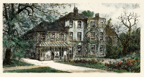 Widok domu lub Karola Darwina (1809-1882) redakcji "O pochodzeniu gatunków". Rycina z XIX wieku
