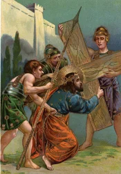 Droga krzyżowa - via crucis - Stacje Drogi Krzyżowej: stacja trzecia, Jezus po raz pierwszy upada pod ciężarem swojego krzyża (Jezus upada po raz pierwszy). Chromolitografia. Kolekcja prywatna