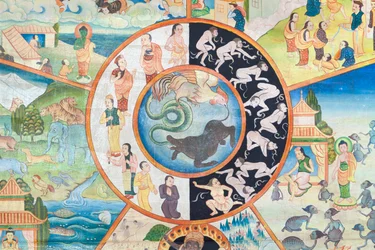 Koło życia, detal, malowanie ścian w wat Umong, Chiang Mai, Tajlandia