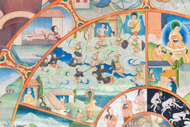 Koło życia, detal, malowanie ścian w wat Umong, Chiang Mai, Tajlandia