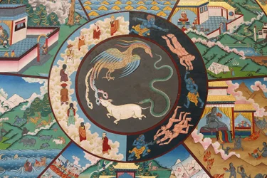 Koło życia albo koło samsary (mandala): kogut, wąż i świnia. Klasztor Kopan, Katmandu, Nepal