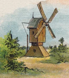 Wiatrak. Grawerowanie w "Alfabet de ma petite fille". Bernardin-Bechet i Fils, księgarz-wydawnictwo, Paryż, ok. 1895. Niezniszczalny album na płótnie. Bibliotheque des Bebes. 12 stron. Album zawierający sposób czytania i ilustracyjne abecedary. Ciemny: