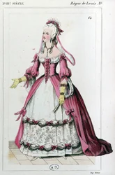 Kobieta w sukni, jaką nosiła pani de Pompadour, ok. 1810 r. (rycina)