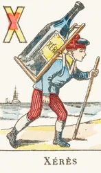X : Xeres, chłopiec trzyma na plecach dużą butelkę wina - alfabet gier, ok. 1890 (rycina)